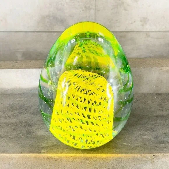 Art Glass Paperweight With Yellow Green Swirls All Over Egg Shaped Paperweight - Picture 1 of 16